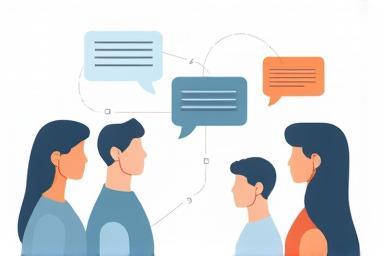 Illustration showing people collaborating with connected chat bubbles