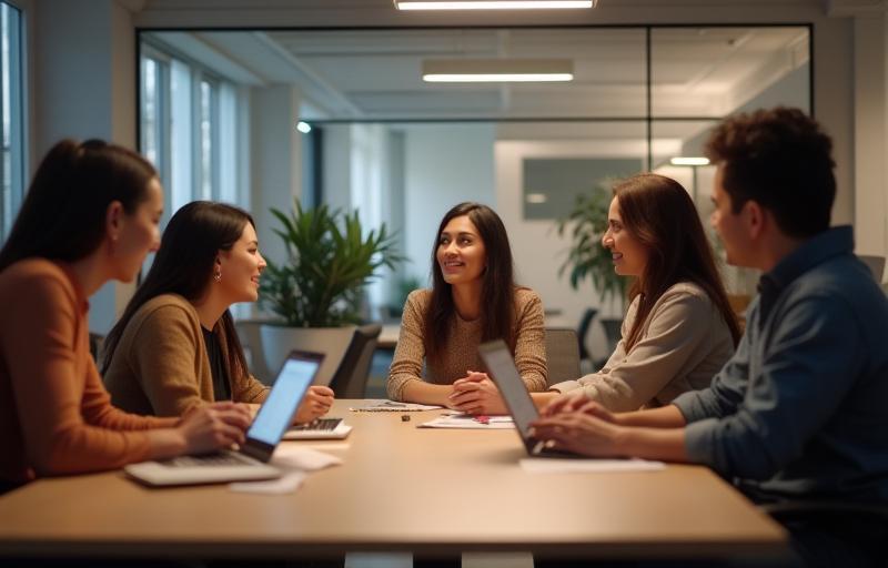 Modern office interior with people collaborating around a table